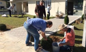 De forma voluntária, moradores fazem a jardinagem no Centro Comunitário de Linha Torrens