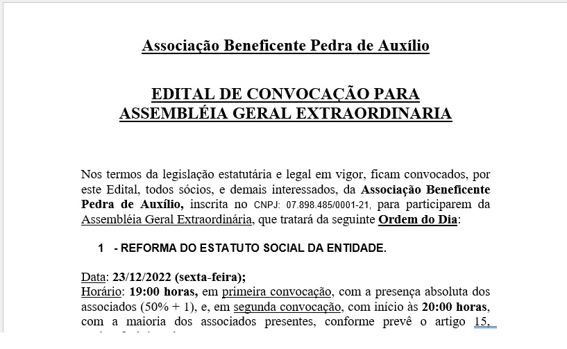 EDITAL DE CONVOCAÇÃO - Associação Beneficente Pedra de Auxílio