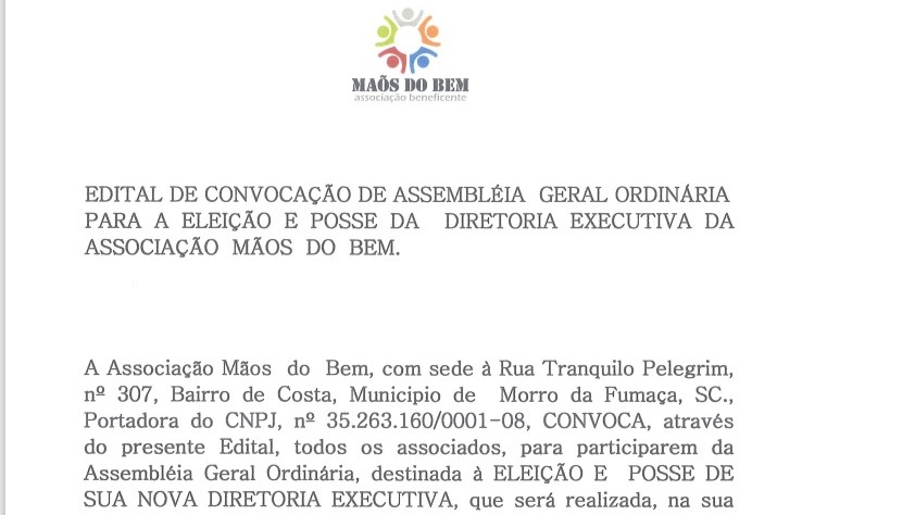 Edital de Convocação - Associação Beneficente Mãos do Bem