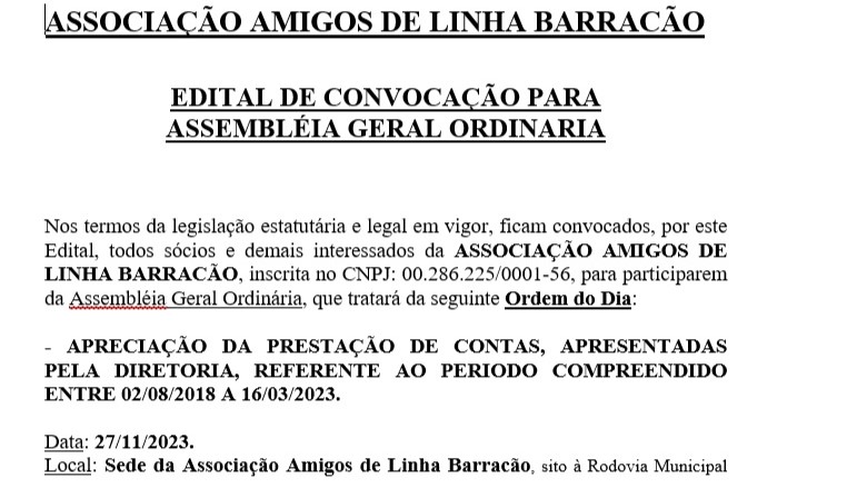 EDITAL DE CONVOCAÇÃO: ASSOCIAÇÃO AMIGOS DE LINHA BARRACÃO