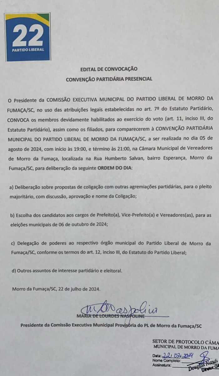 PL de Morro da Fumaça fará convenção no dia 5 de agosto