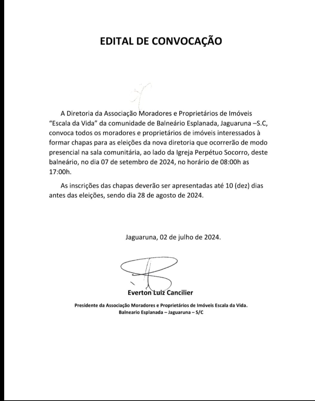 Edital Associação de Moradores e Proprietários de Imóveis “Escala da Vida”