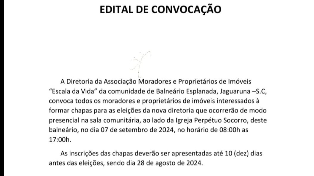 Edital Associação de Moradores e Proprietários de Imóveis “Escala da Vida”