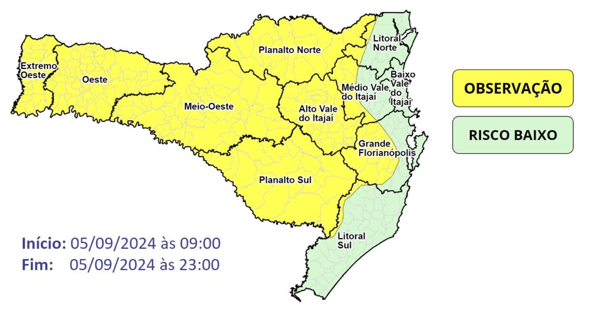 Defesa Civil alerta para declínio acentuado das temperaturas ao longo da quinta-feira (5)