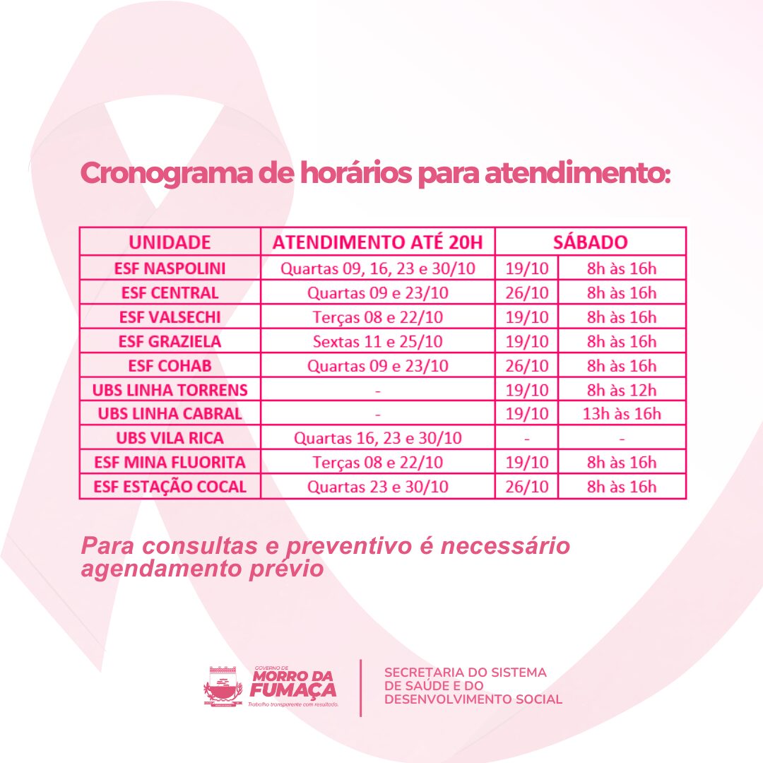 Outubro Rosa: Seis Unidades de Saúde de Morro da Fumaça estarão de portas abertas neste sábado