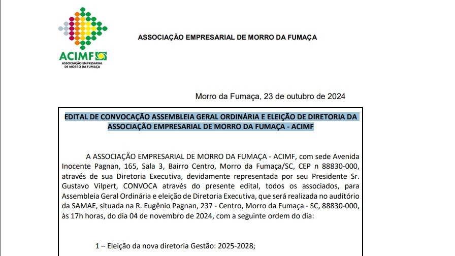 EDITAL DE CONVOCAÇÃO ASSOCIAÇÃO EMPRESARIAL DE MORRO DA FUMAÇA - ACIMF