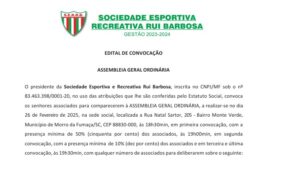 Edital de Convocação: Sociedade Esportiva e Recreativa Rui Barbosa (SERRB)